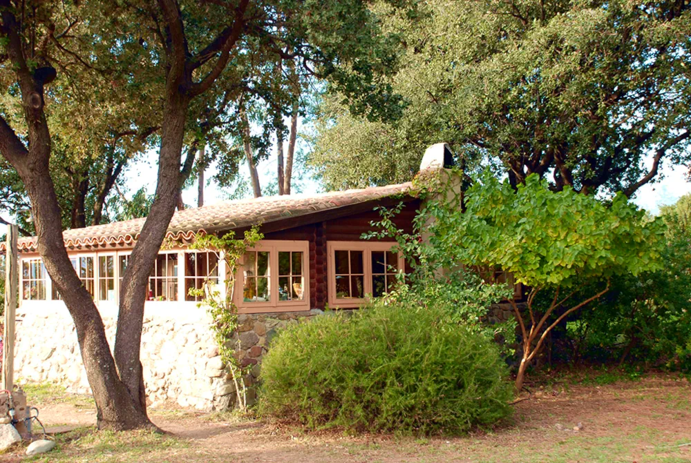 Holzchalet als Ferienwohnung im Grünen mit umgebenden Bäumen