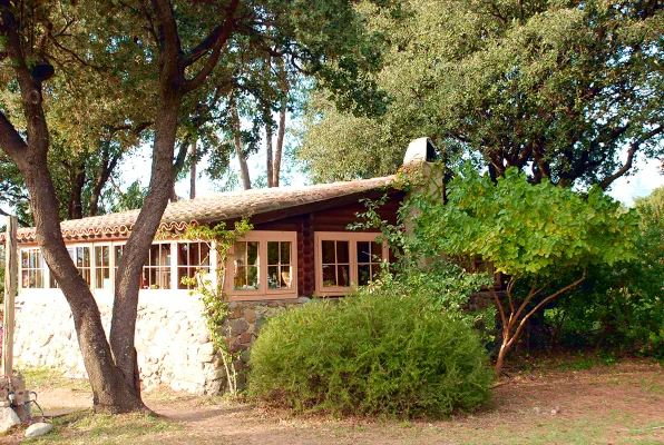 Holzchalet - Ferienwohnung im Grünen in Korsika, umgeben von Bäumen